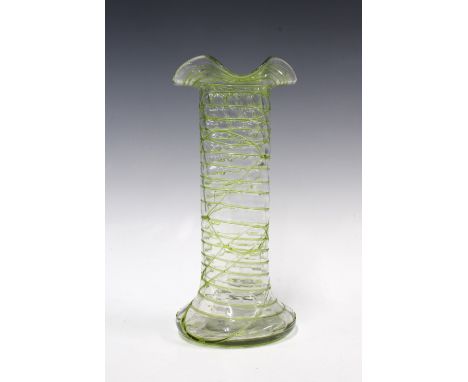 Early 20th century Loetz style art glass vase with wavy rim and applied green trailing to the body, 24cm