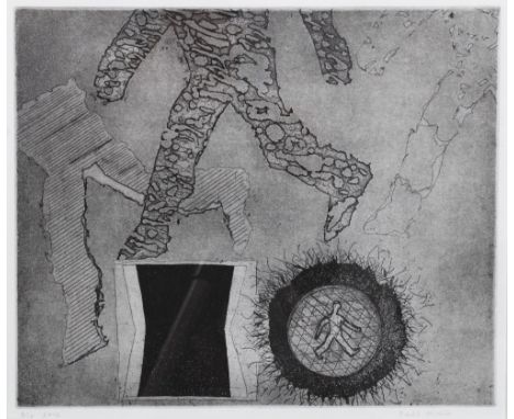 DAVID MICHIE O.B.E., R.S.A., R.G.I., F.R.S.A (SCOTTISH 1928-2015), PEDESTRIAN CROSSING, pencil signed etching, framed under g