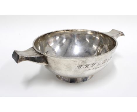 George V silver presentation quaich by Hamilton &amp; Inches, Edinburgh 1931, 27cm across the lugs (dent to side)