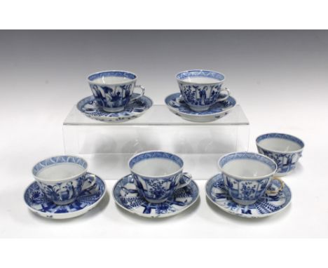 Six blue and white Chinese tea cups, two a/f, 5.5cm, with five saucers, bearing Kangxi marks within double circle, likely lat