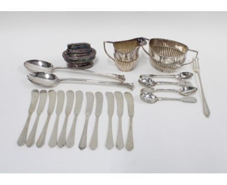 Mappin &amp; Webb silver pickle fork, set of eleven butter knives stamped STERLING, Epns salad servers and teaspoons, Epns su