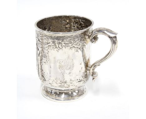 Victorian silver christening cup, Thomas Bradbury &amp; Sons, London 1883, embossed decoration of children swinging on a gate