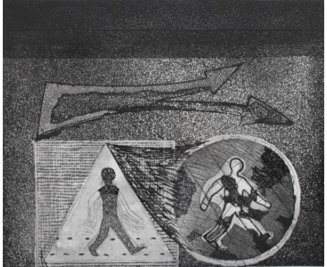 DAVID MICHIE O.B.E., R.S.A., R.G.I., F.R.S.A (SCOTTISH 1928-2015), CROSSING WITH ARROWS, pencil signed etching, framed under 