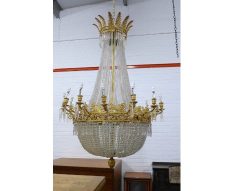 A large glass and gilt metal tent and bag chandelier, 94 x 145cm (approx) (a/f some losses)