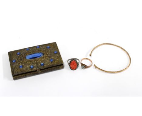 9ct gold ring, a vintage coral ring and a 9ct gold bangle (for scrap) and a small brass card case / box  (4)