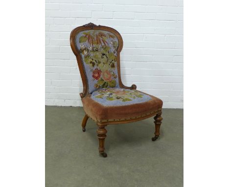Victorian mahogany framed nursing chair with tapestry upholstered back and seat, 60 x 95 x 50cm.