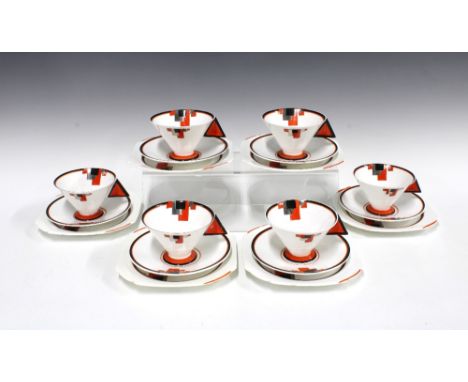 Shelley Art Deco Red Blocks six place teaset, Vogue shape, designed by Eric Slater circa 1930, pattern number 11786 , with on