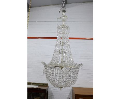A large glass tent and bag chandelier, 76 x 160cm (approx) (a/f some losses and light chips)