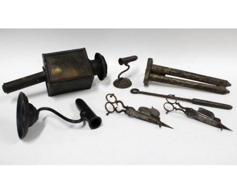 Two goffering irons, a lantern 32cm, candle snuffers, etc