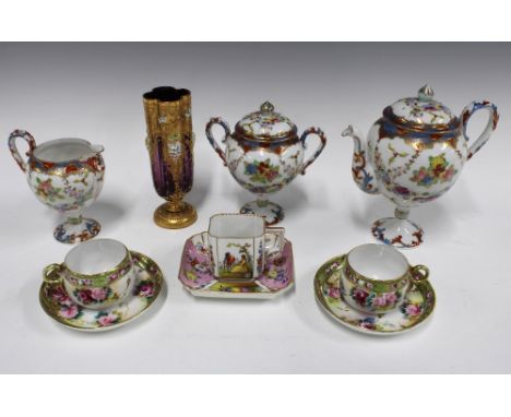 Dresden cabinet cup and saucer, a pair of Noritake porcelain cups and saucers, Bohemian glass vase and a porcelain teapot, cr