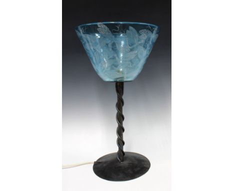 Julia Linstead (British b.1966), a large contemporary blue glass dragonfly shade, unsigned,&nbsp; 32 x 19cm, with metal table