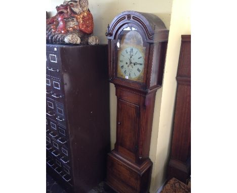 An early 19th century mahogany longcase clock with fusee movement and painted dial, decorated with running hares and foxes an