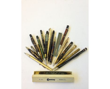 A collection of various propelling pencils to include an engine turned rolled gold Yard-O-Lead propelling pencil, Conway Stew
