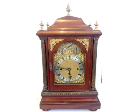 An English mahogany triple fusee bracket clock, the substantial movement playing on a nest of eight bells and striking on a g