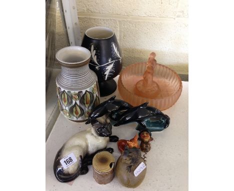 Various Beswick and Poole Pottery items together with other items and a glass Art Deco fruit bowl.