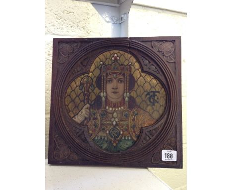 An Arts & Crafts oil on board: Portrait of a Russian Woman wearing jewels and headdress with stylised hammer and sickle motif