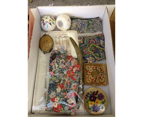 A silk headscarf together with a silk tie and other items including compacts.