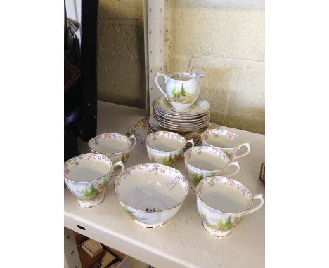 The residue of a Royal Albert bone china tea service, decorated in the Kentish Rockery pattern (as supplied to Her Majesty Qu