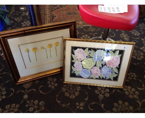 A framed and glazed furnishing print: Daffodils together with a modern framed and glazed watercolour.