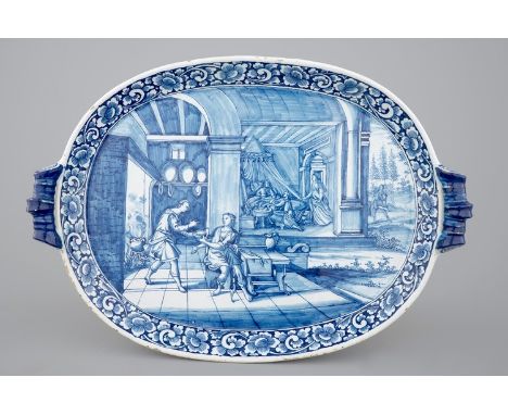 An oval blue and white Dutch Delft serving tray with a biblical scene, 18th C. -  Dim.: 43,2 x 30,5 cm Painted with scenes fr