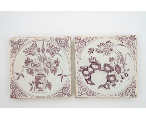 Two manganese Delftware tiles with floral decoration, Moustiers, France, 17th C. -  Dim.: 13 x 13 cm each. - Condition report