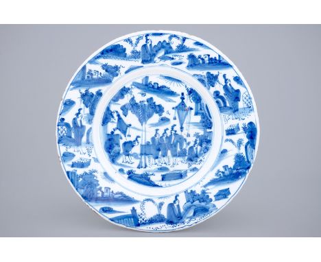A blue and white Delftware chinoiserie dish, Haarlem, 17th C. -  Dia.: 36,5 cm Attributed to the workshop of Willem Jansz. Ve