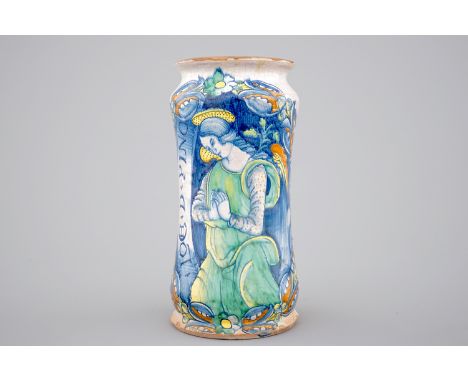 An Italian maiolica albarello, probably Deruta, 16th C. -  H.: 20 - Dia.: 10   cm - Condition reports and high resolution pic