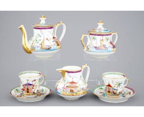 A chinoiserie tea service for two (tete-ÌÊ-tete), Bayeux porcelain, 19th C. -  H.: 13,5 cm (the tallest) (tbc) - Condition re