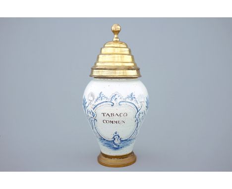 A Delftware tobacco jar with brass lid and mount, Lille, 18th C. -  H.: 43,5 cm - Condition reports and high resolution pictu