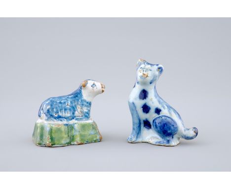 A cat and a sheep in polychrome Dutch Delftware, 18th C. -  H.: 6 cm (the cat) - Condition reports and high resolution pictur