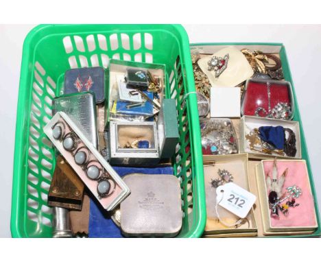 Two boxes of jewellery, badges and collectables, including 15 carat ruby bar brooch.