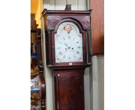 Antique mahogany eight day longcase clock having arched moon phase dial.