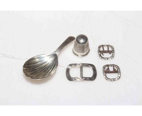 George III silver bright cut caddy spoon, pair tiny silver buckles by J. Willamore 1825, engraved buckle Birmingham 1905 and 
