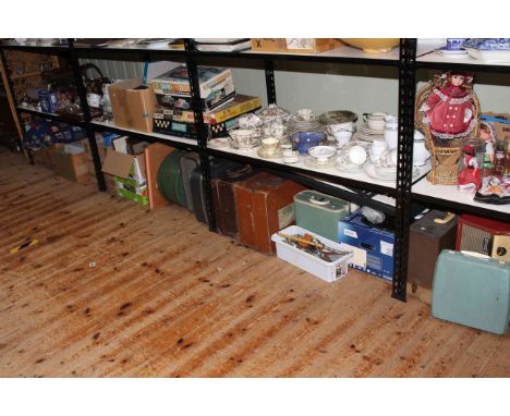 Large collection of suitcases, bamboo screen, clothing, tins, prints, framed tapestry, sewing machines, cutlery, Dansette, et