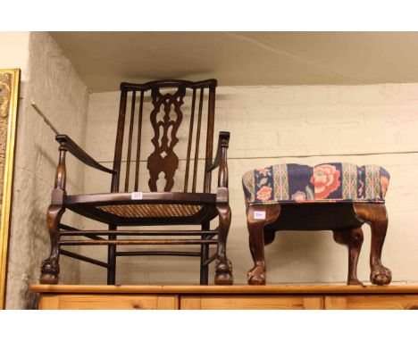 Early 20th Century cane seated occasional armchair, ball and claw leg footstool, tripod wine table and ceramic vase (4).