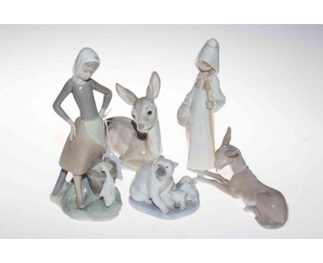 Five Lladro figurines including Polar Bears, Donkey, Deer, Goose, etc.