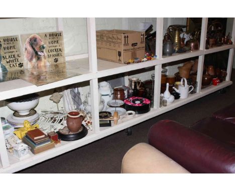 Full shelf of stoneware jugs, jars, glass bottles, boxed coffee set, Humpty Dumpty teapot, collectables, etc.