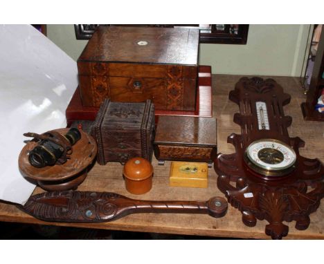 Collection of carved wood and cased Kings pattern cutlery, Victorian walnut box, Mauchlin box, treen, monocular's, barometer,