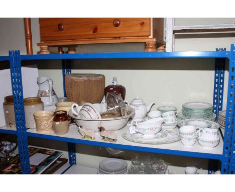 Royal Worcester 'English Garden' tableware, two stoneware storage jars, toilet jug and bowl, African drum, etc.