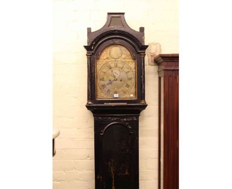 Antique eight day longcase clock having painted case and brass arched dial, signed James Glyd, Westminster.