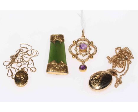 9 carat gold amethyst and seed pearl pendant, two lockets with chains and green stone brooch (4).