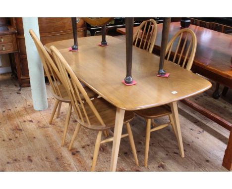 Vintage Ercol Windsor rectangular dining table, 73cm by 152cm by 76cm together with four Quaker back chairs.