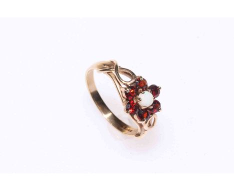 9 carat gold, opal and garnet cluster ring.