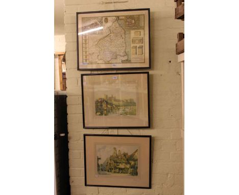 Vintage Lincoln &amp; Carlton milk churn, folding needlework panel screen-table, map print and two Yorkshire prints (5).