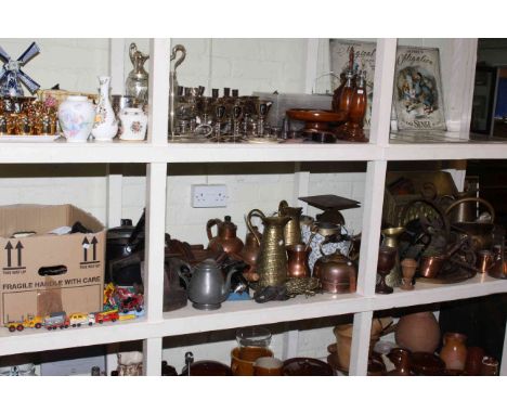 Large collection of copper and brass including horsebrasses, wood planes, shoe lasts, model vehicles, fireguard, etc.