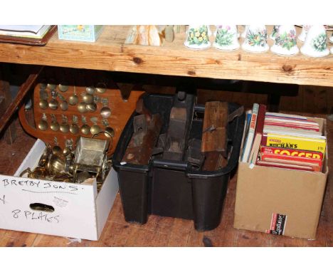 Three boxes of brass, wood plane tools and vintage football books.