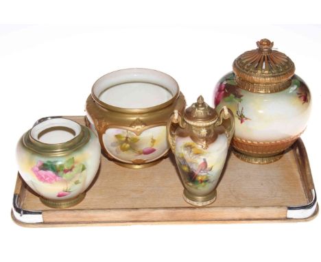 Three pieces of rose painted Royal Worcester and small vase with pheasants (4).