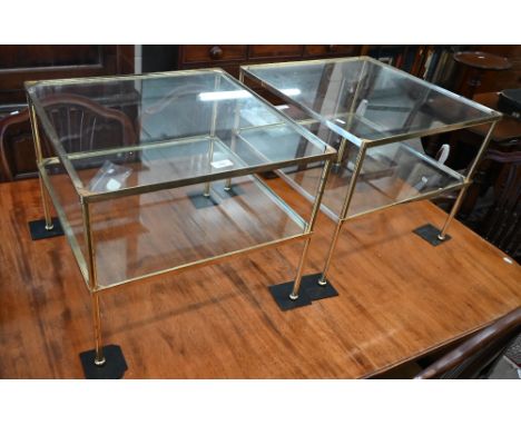 A pair of vintage brass framed two-tier lamp tables with glass shelves, 50 x 50 x 40 cm high 