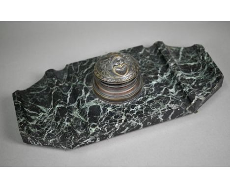 An antique veined marble inkstand centred by a cast brass circular hinge top inkwell (without liner) 