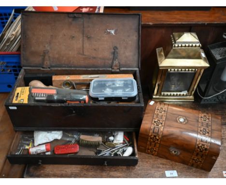 A Georgian oak box with lower drawer, containing a quantity of vintage and later tools, 47 cm wide to/w a parquetry-inlaid bo
